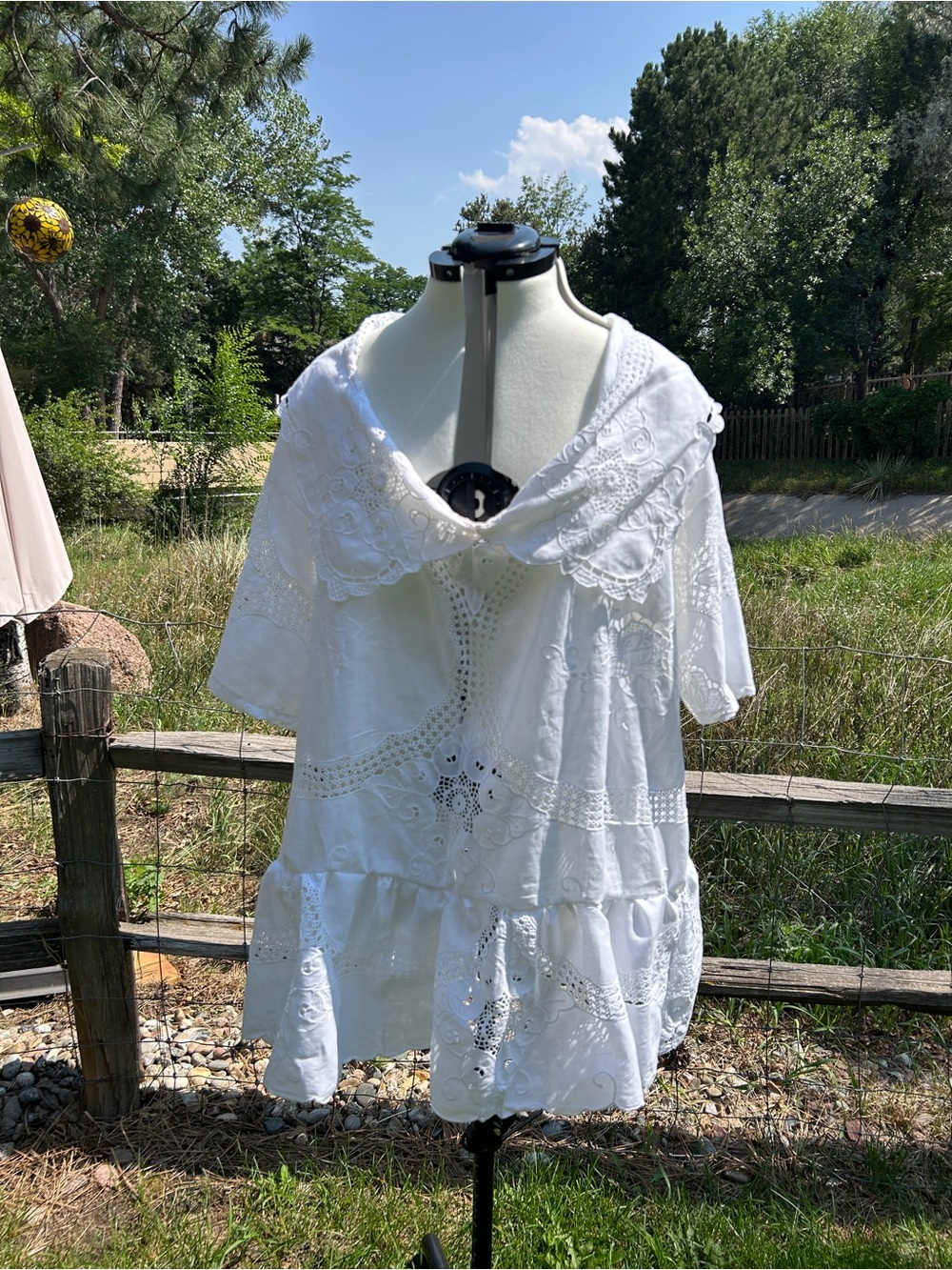 HANDMADE White Eyelet Peasant dress made from a lace tablecloth 🩵
